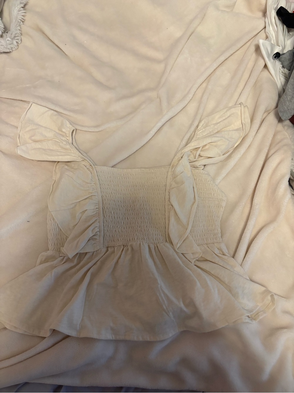 SHEIN Cream Ruffle Smocked Crop Top